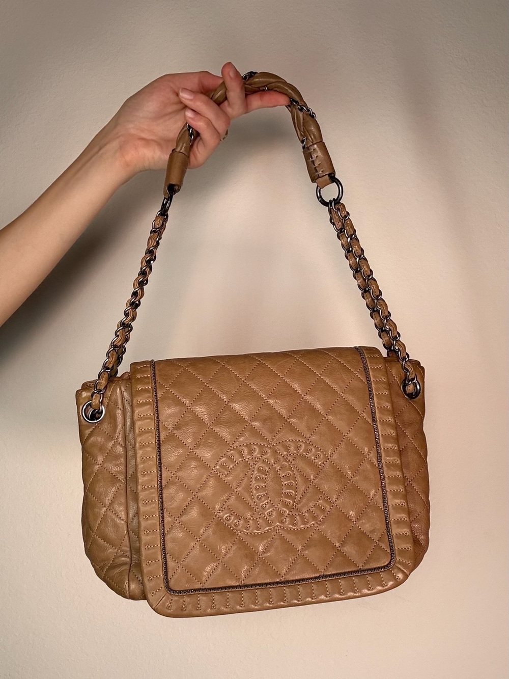 Chanel Quilted Tan Leather Shoulder Bag